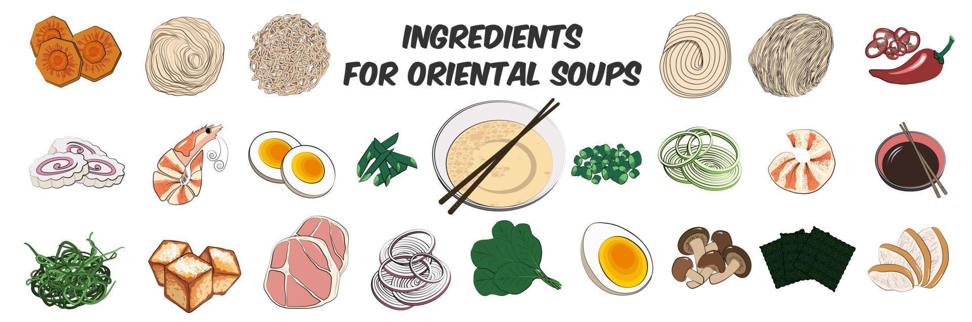 Traditional Japanese or Korean food-a large set of ingredients for traditional Oriental ramen noodle soups. Vector illustration in hand-drawn style on a white background.