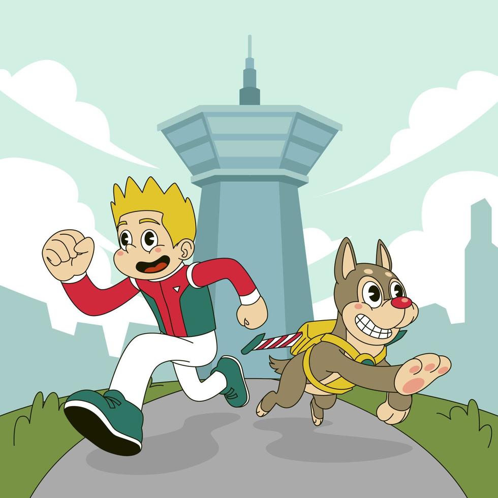 Little Boy Runs With His Dog Friends to Save the Day vector