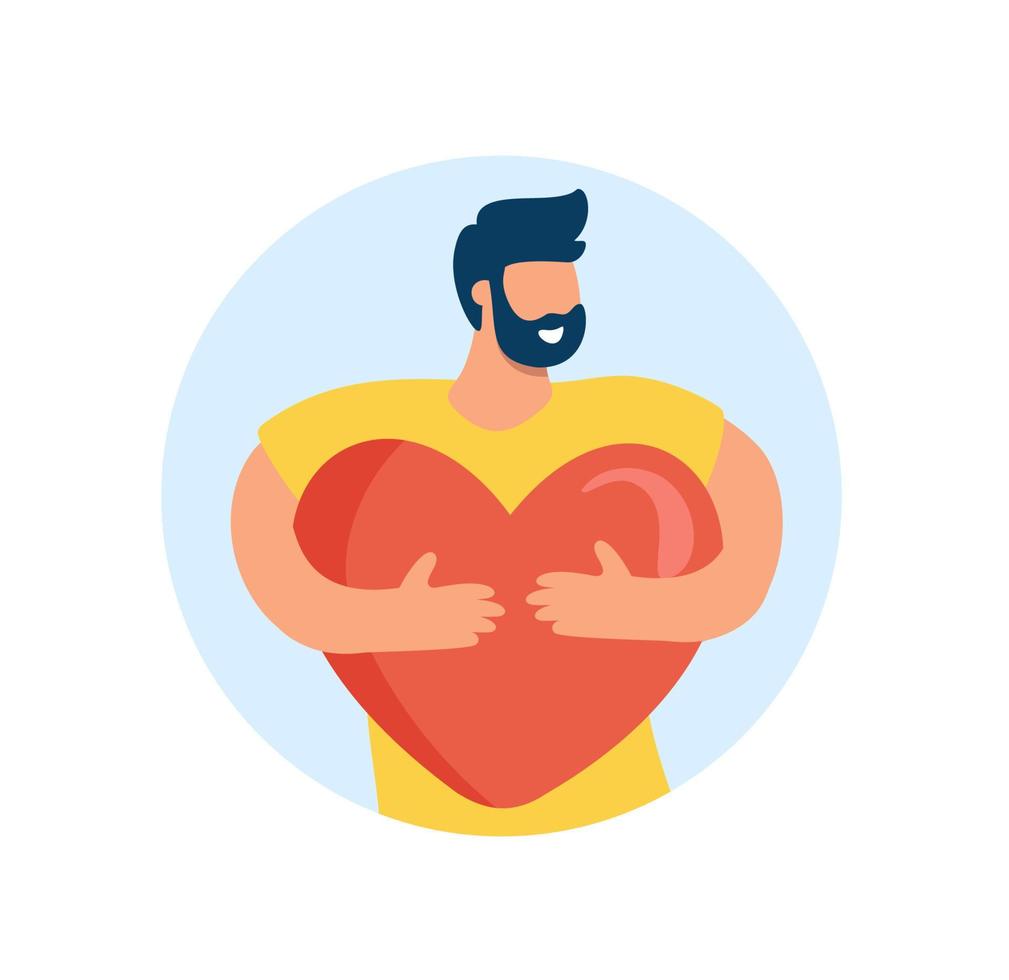 Brunet tiny man hugs takes big heart single with smile and beard. Fall in love with yourself, mental health, alone valentines day. Flat vector illustration