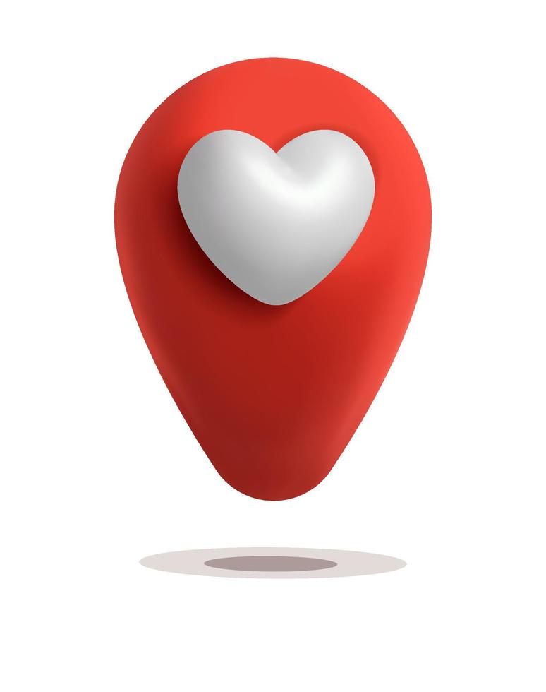 Map pointer 3d pin vector isometric icon valentine. Red geotag location point with heart, favorites symbol love isolated on white background. Vector illustration for web, apps, infographics