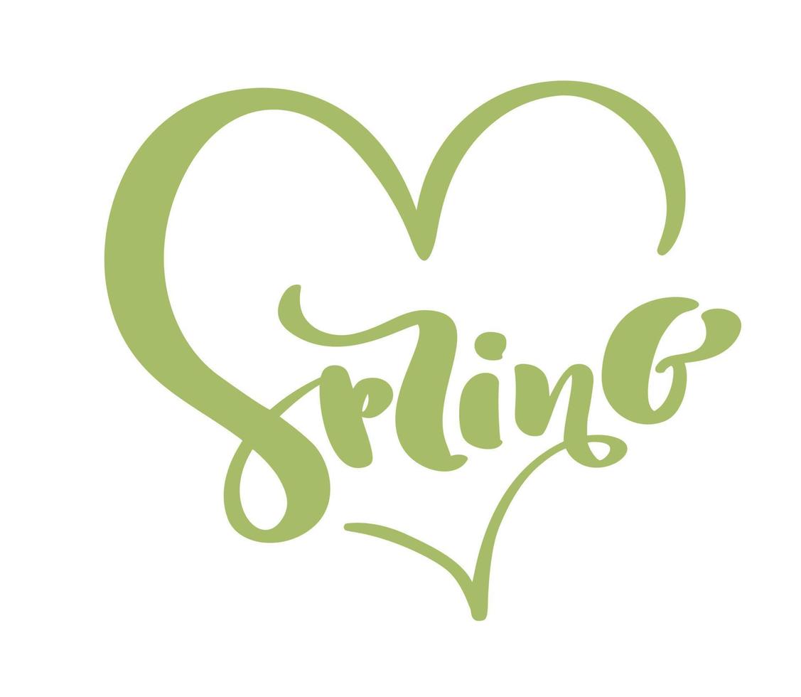 Vector illustration of spring green text isolated calligraphic word in heart for banner, poster, greeting card, clothing or product design. Handwritten creative lettering