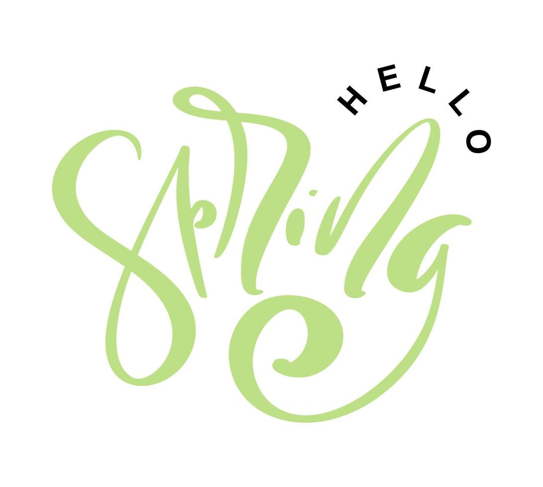 Hand drawn vector green text Hello spring. motivational and inspirational season quote. Calligraphic card, mug, photo overlays, t-shirt print, flyer, poster design