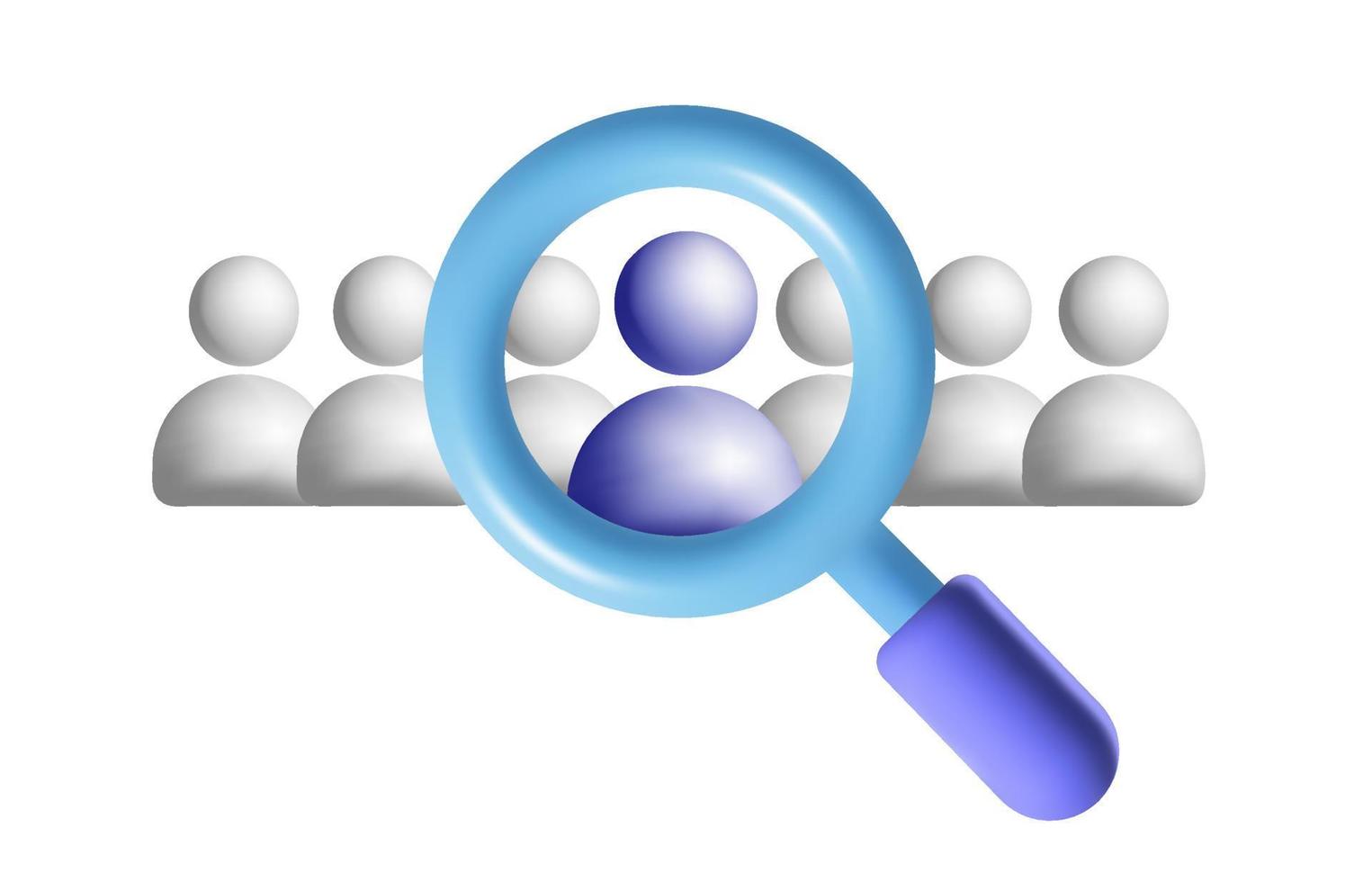 Searching for person 3d vector mesh icon recruitment agency. Employee, candidate. Magnifying glass and people logo. Isolated object on white background. Employee search