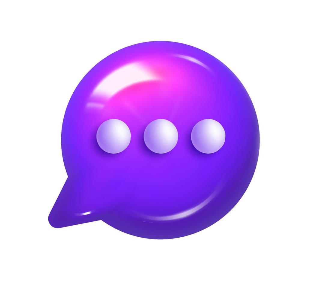 3d illustration of round lilac realistic speech bubble icon with three dots. Mesh vector talking cloud. Glossy chat high quality vector. Shiny cloud foam speak text, message box dialogue social media