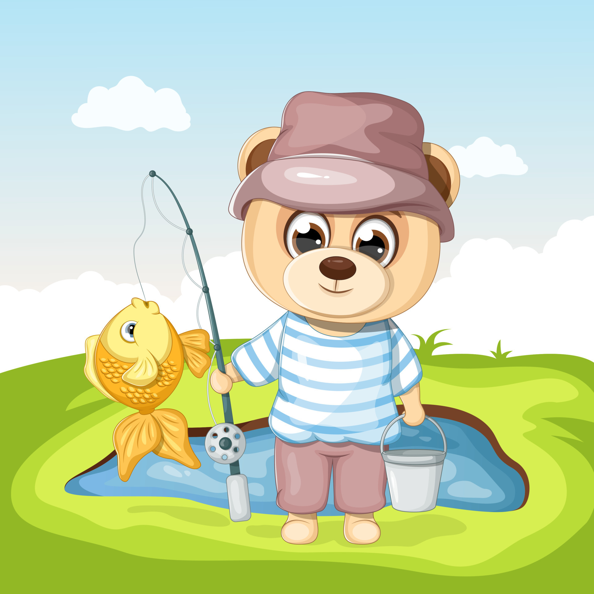 https://static.vecteezy.com/system/resources/previews/020/312/984/original/cute-cartoon-teddy-bear-with-a-fishing-rod-a-bucket-and-a-goldfish-by-the-green-pond-vector.jpg