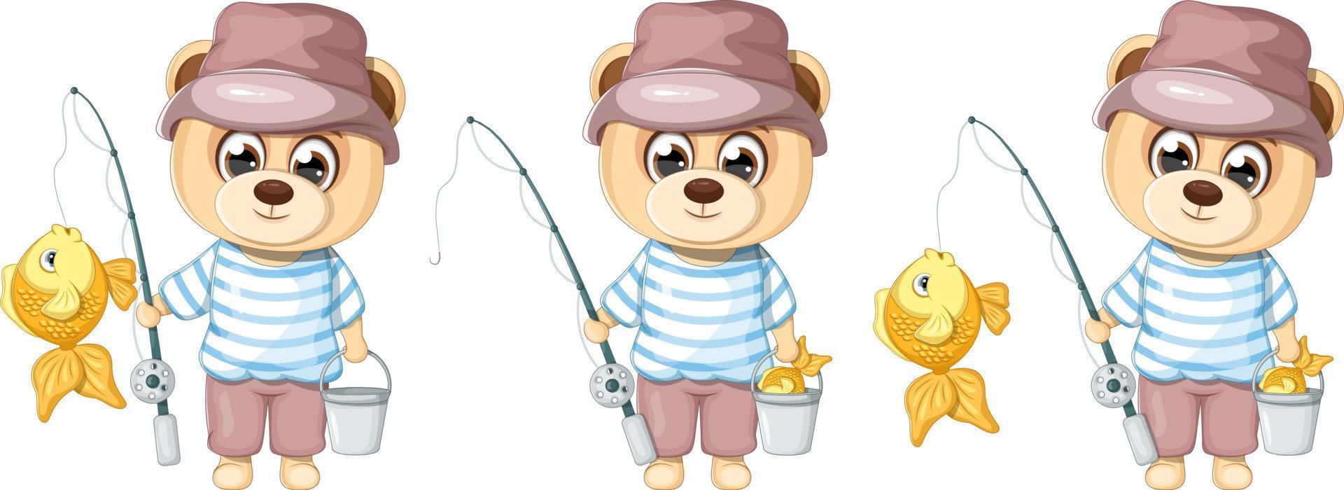 Collection of cute cartoon bears of fishermen with fishing rod, bucket and fish vector
