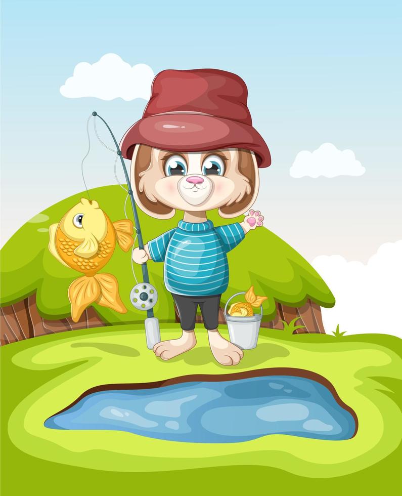 Cute cartoon bunny with a fishing rod, a bucket and a goldfish by the green pond vector