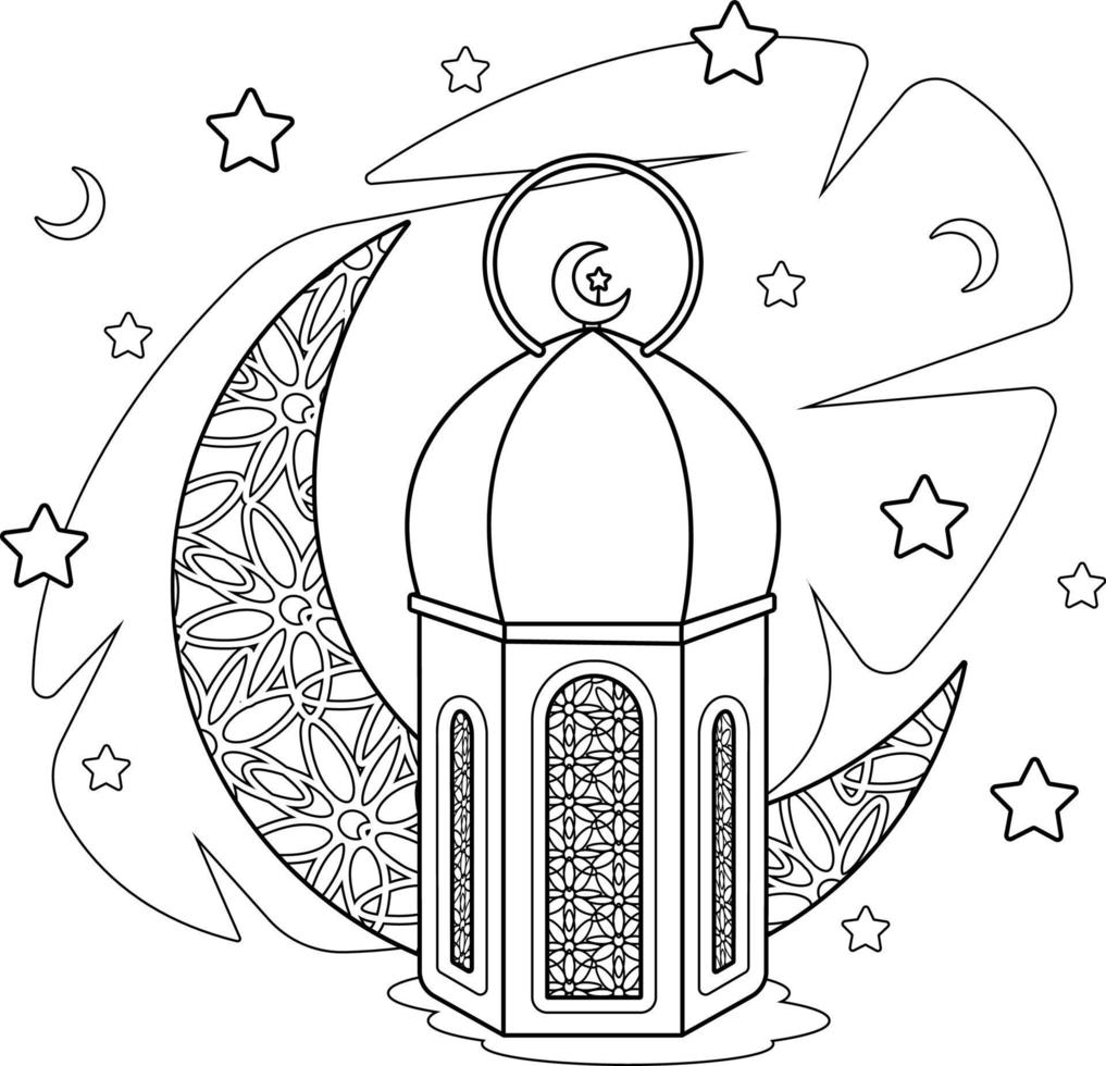 Coloring page. Ramadan with a cartoon bright Islamic lantern and a moon vector