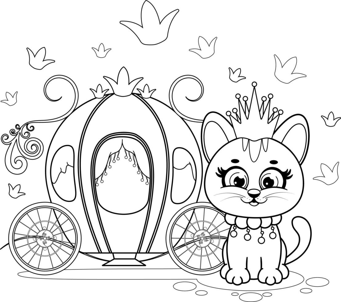 Coloring page. A little and cute kitten princess with crown near carriage vector
