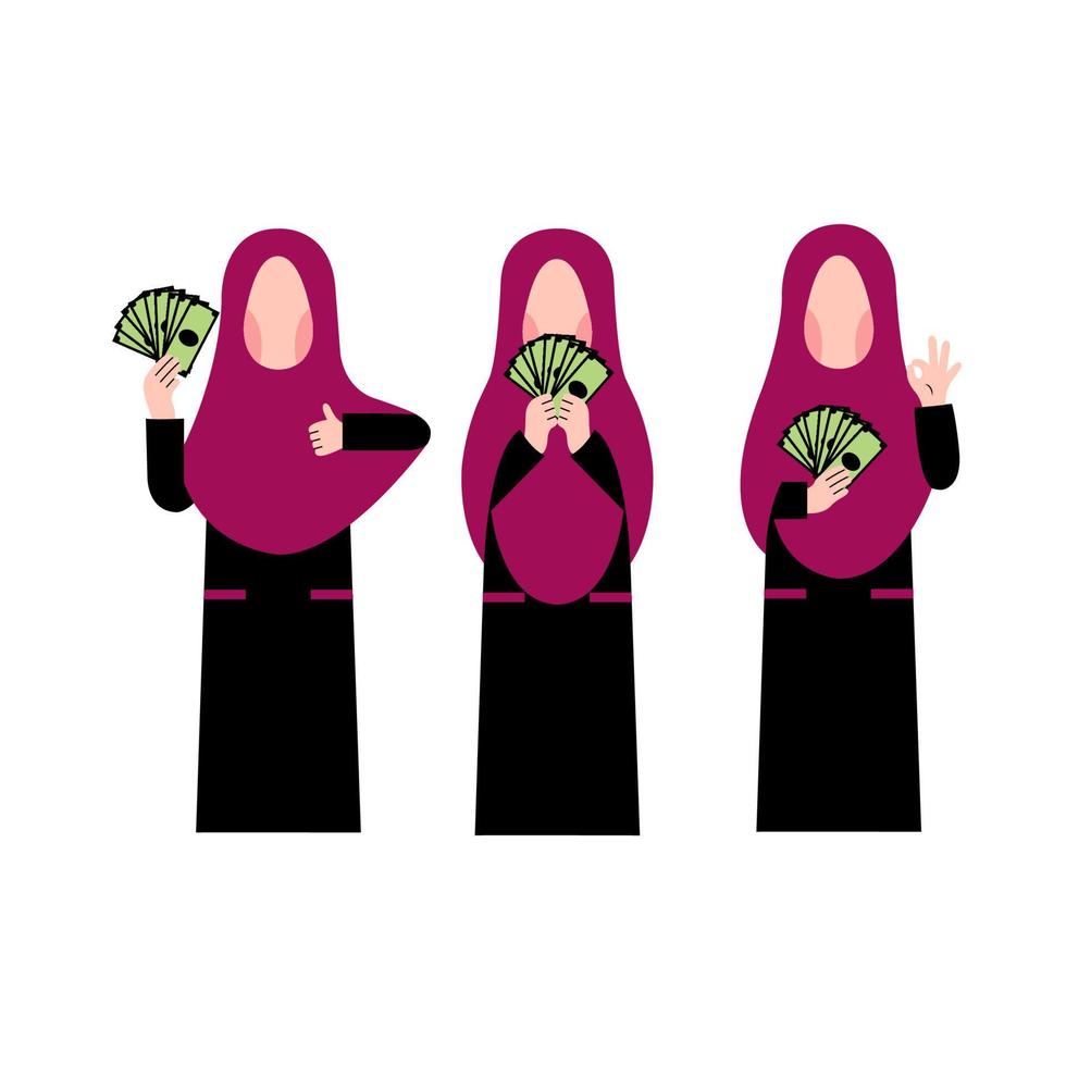 Set Of Hijab Woman Holding Money vector