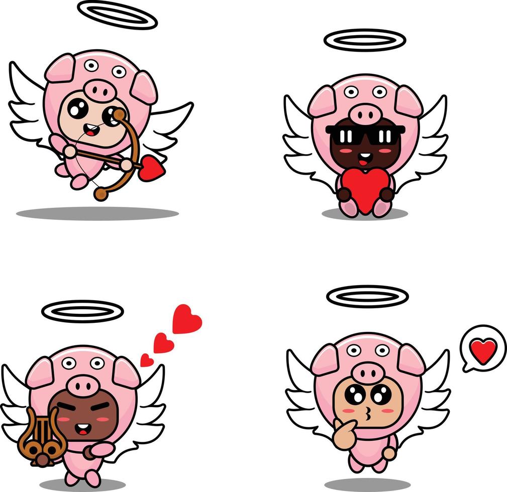 vector illustration cartoon animal mascot costume character pig cupid set bundle