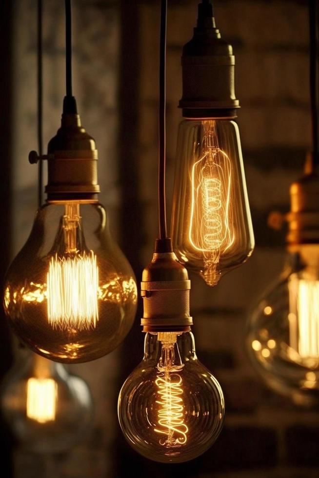 Vintage incandescent Edison light bulbs hanging from ceiling in dark room photo