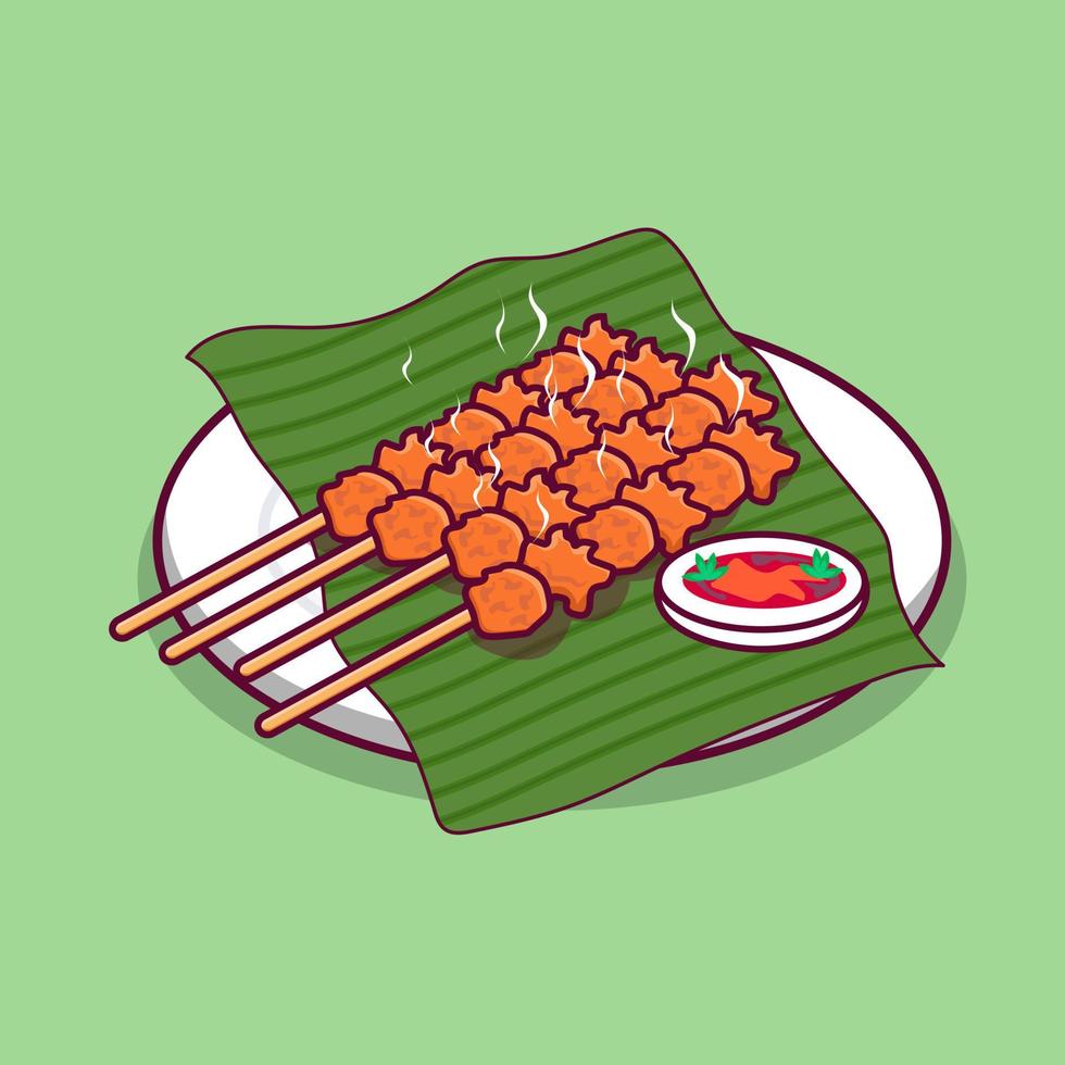 hot satay and meatball on leaves with chili sauce vector