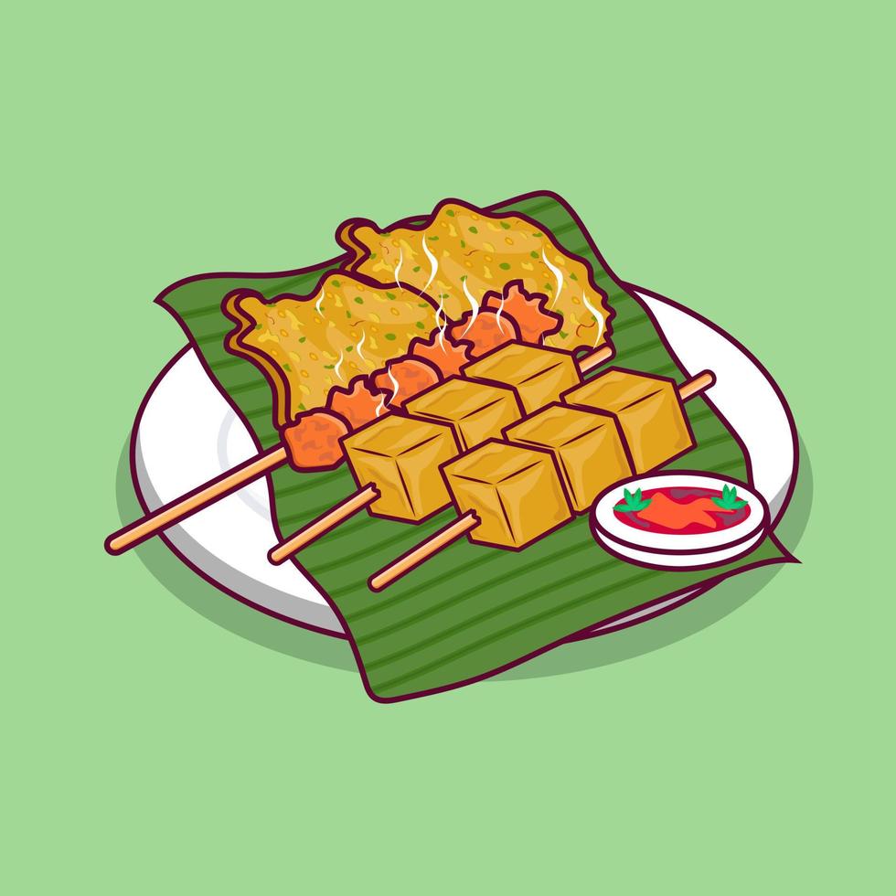 Satai, tofu with bakwan on leaves on white plate vector