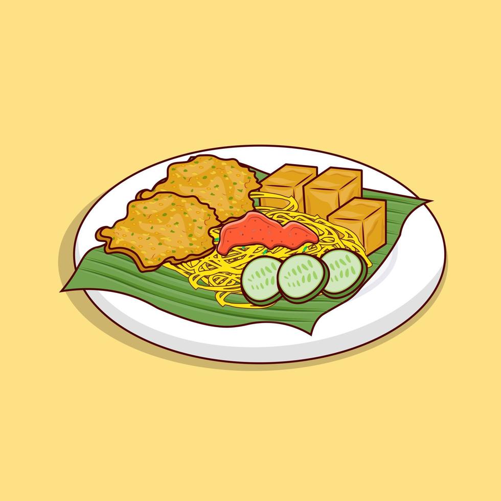 Noodle with tofu, asian food icon with cucumber and chilli sauce vector