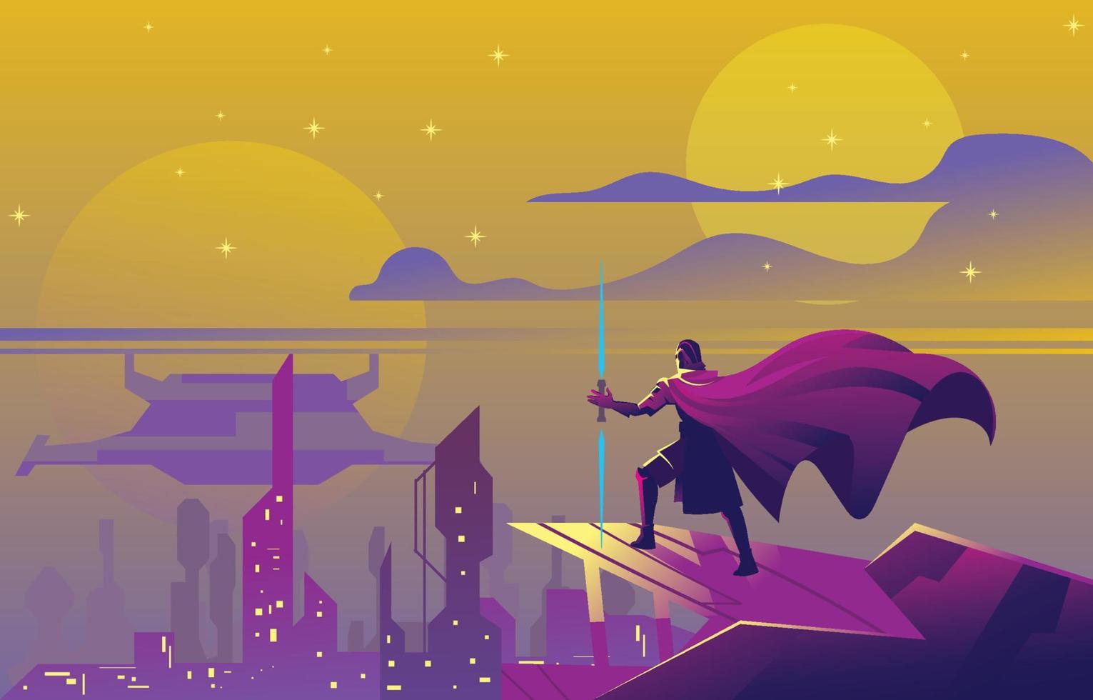 Light Swordman with The Space Cityscape Background vector