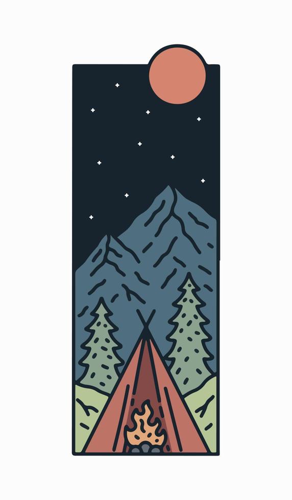 mono line of camping mountain outdoor wildlife for t-shirt, sticker, and badge design vector