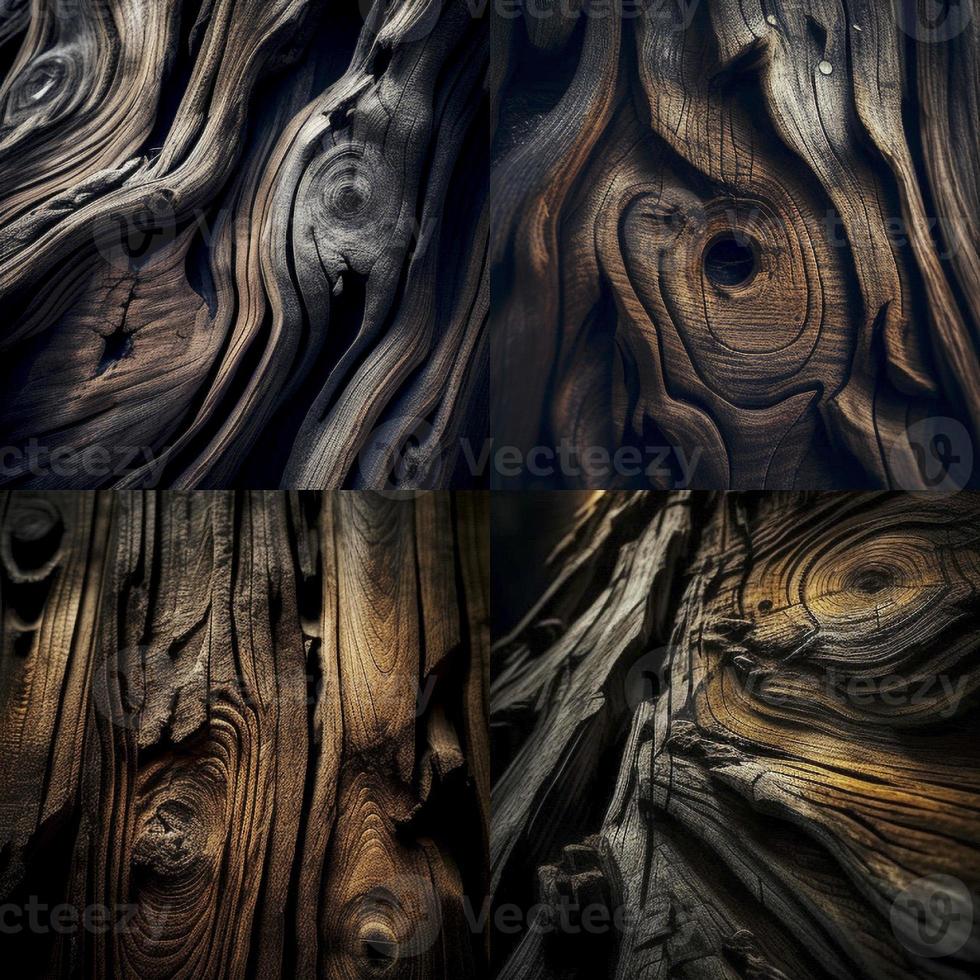 Collage of four textures of boards of very old wood with knots photo