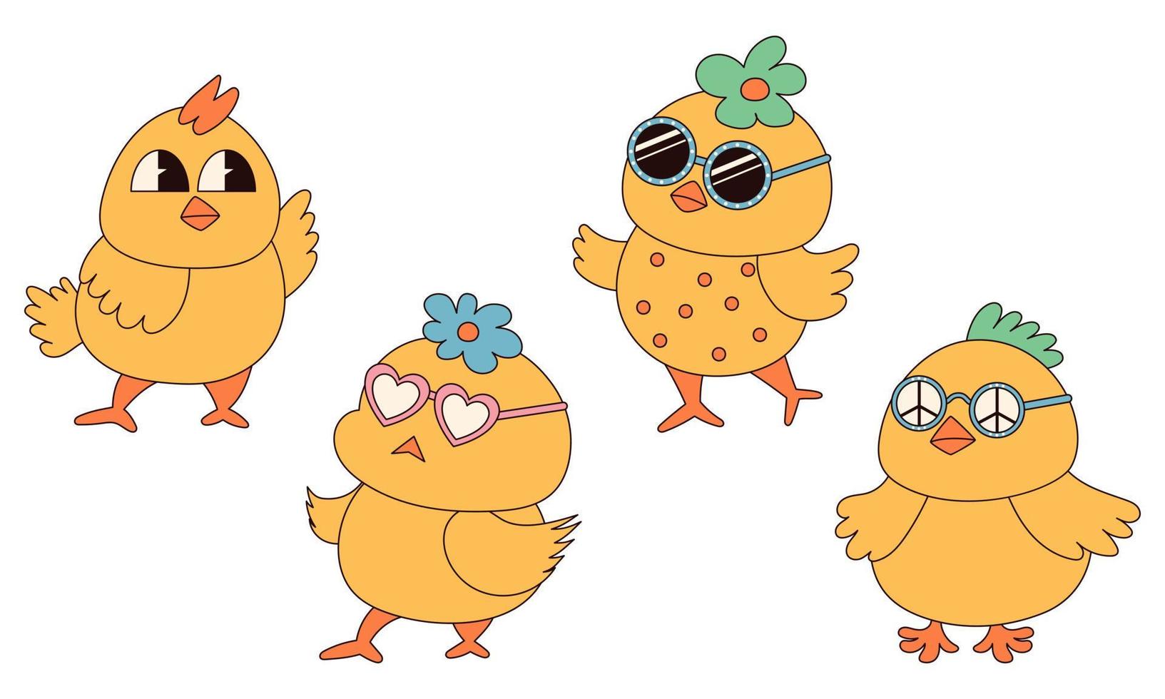 Groovy hippie Happy Easter characters. Set of Easter chicks in trendy retro 60s 70s cartoon style. vector