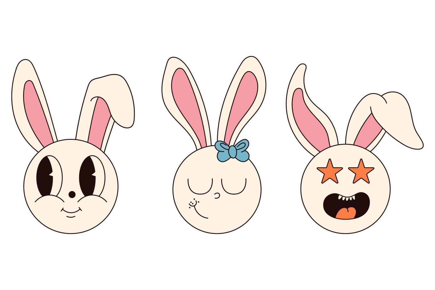 Groovy hippie Happy Easter characters. Set of Easter bunnies in trendy retro 60s 70s cartoon style. vector