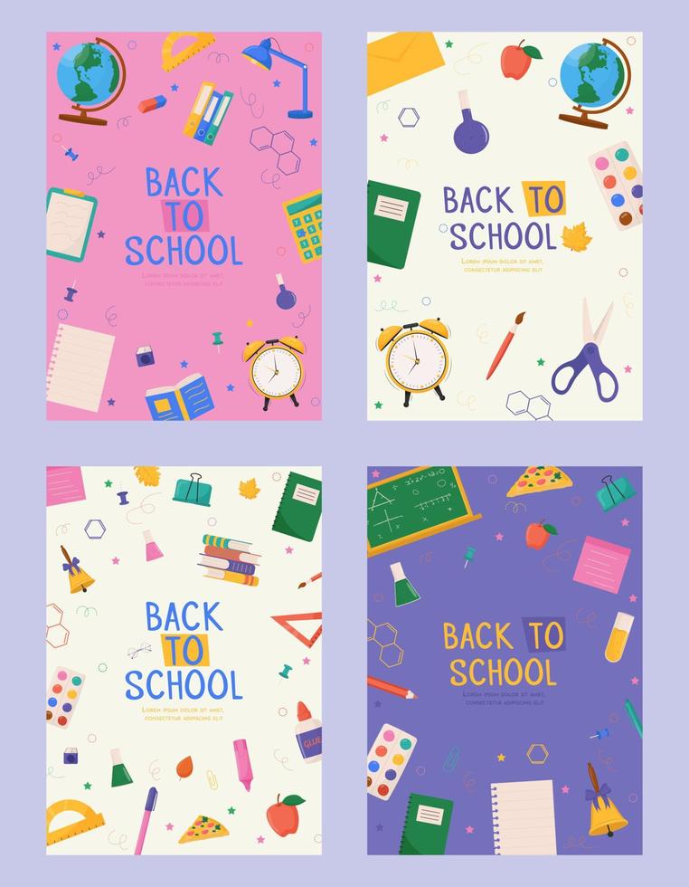 conjunto de espalda a colegio tarjetas con vistoso colegio suministros. vistoso espalda a colegio plantillas para invitación, póster, bandera, promoción, rebaja vector