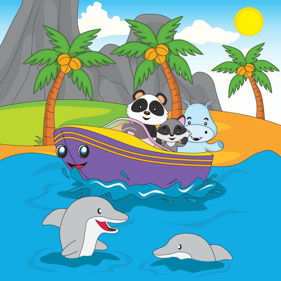 linda animal ilustración, panda, mapache y hipopótamo montando un rápido barco en el mar con montaña y playa vista, vector, eps10, editable vector