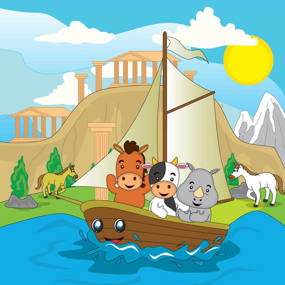 cute animal illustration, horse, cow and rhino sailing on the river with greek temple view, vector, eps10, editable vector