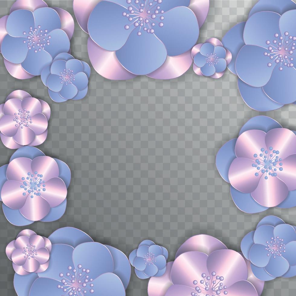 Paper cut 3d flowers border in pink, white and violet colors. Place for text. vector