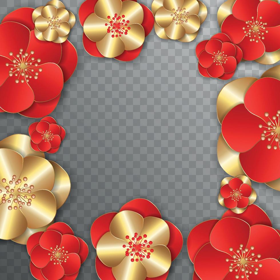 Paper cut 3d flowers border in red and golden colors. Place for text. vector