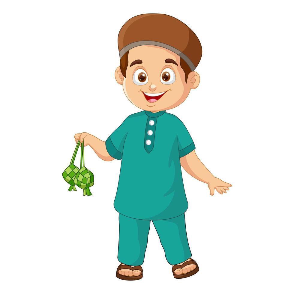 Vector cute muslim boy holding a ketupat