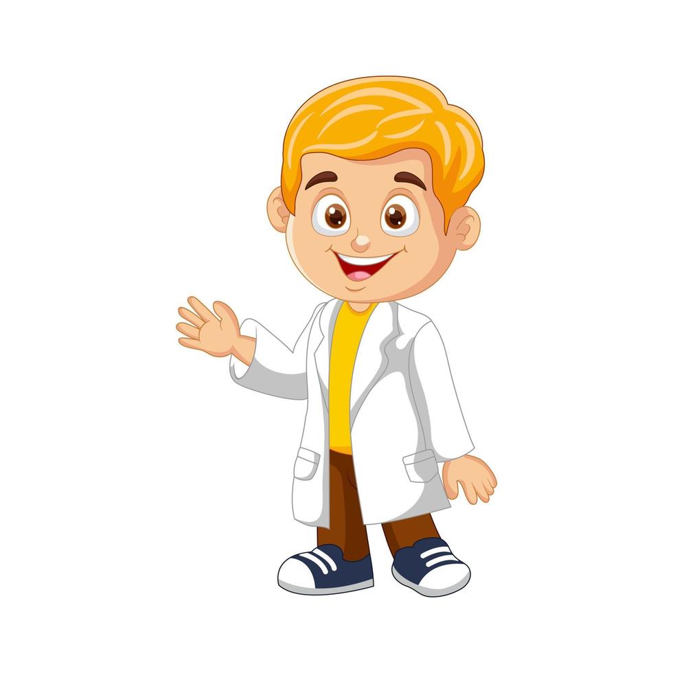 Vector cartoon boy scientist wearing lab white coat waving