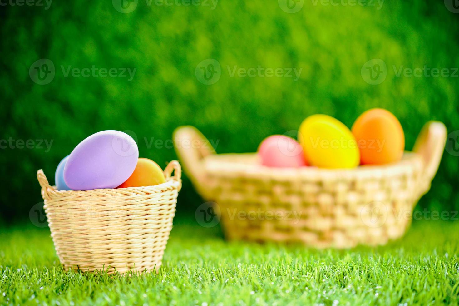 Easter eggs in the basket on green grass photo