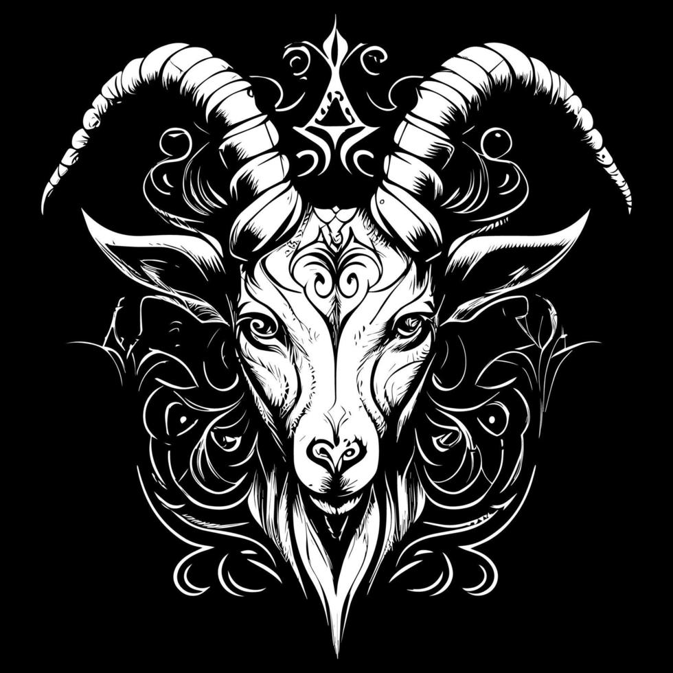 The goat head illustration is a captivating portrayal of this domesticated animal, featuring its striking horns and expressive eyes vector