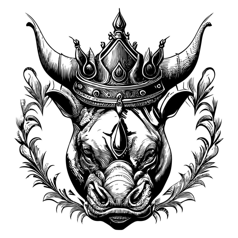 Rhinoceros head with crown illustration majestic and regal depiction of powerful animal. The crown adds an air of nobility to the rhino's imposing features, including its massive horn and tough skin vector