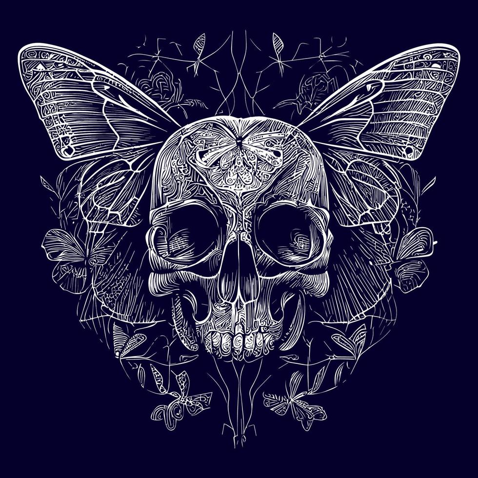 un cráneo con delicado mariposa alas, representando transformación y el fugaz naturaleza de vida. un fusión de belleza y muerte vector