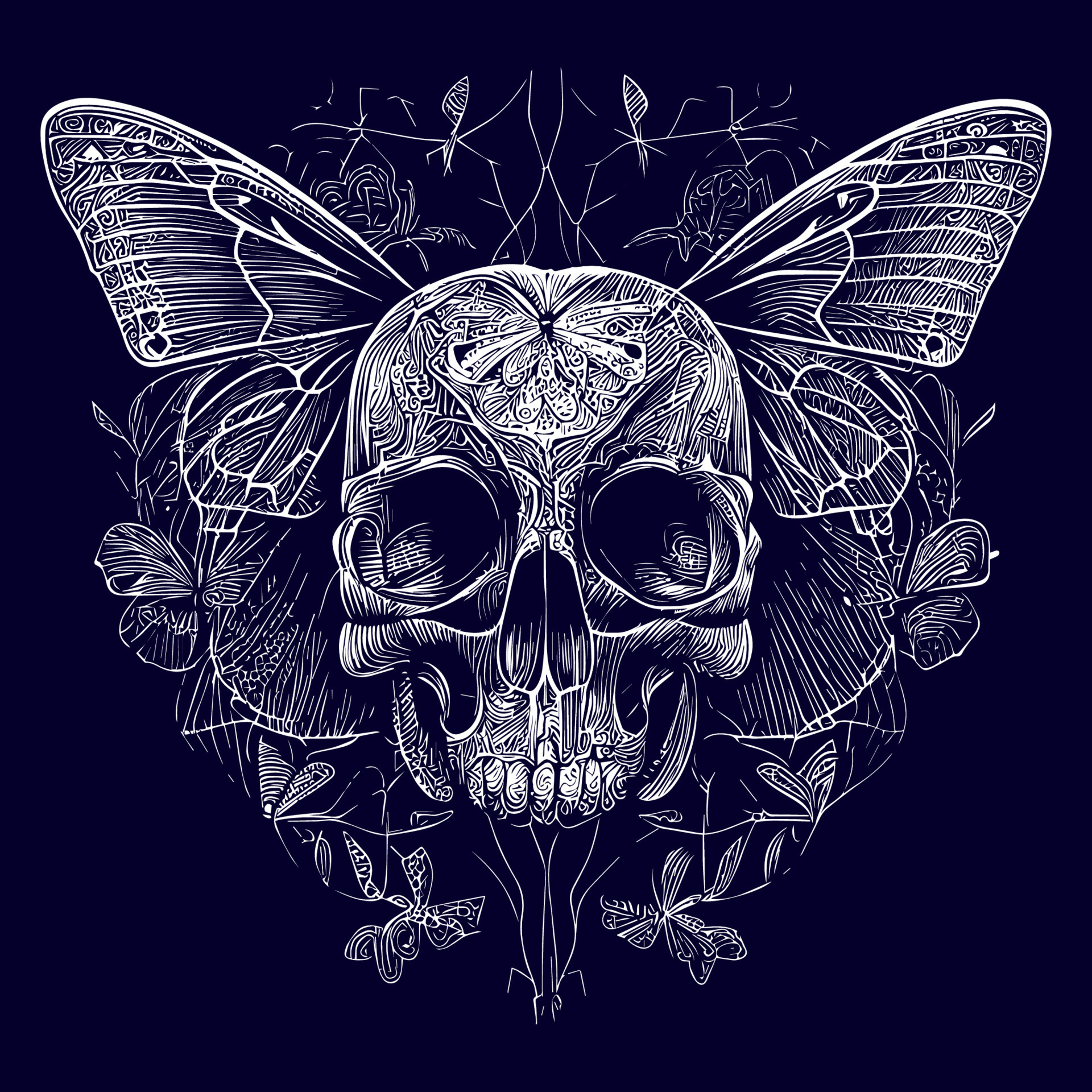 a skull with delicate butterfly wings, representing transformation and