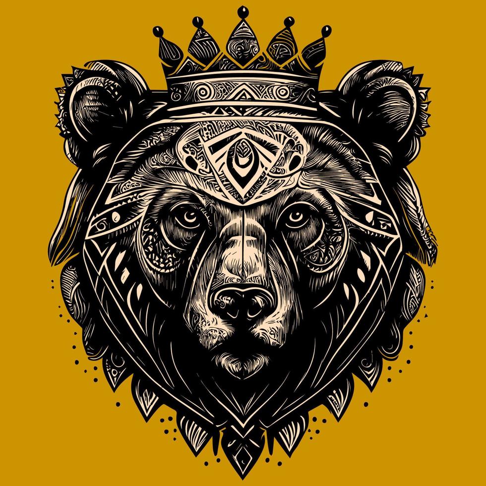 esta diseño caracteristicas un majestuoso oso cabeza adornado con un corona, simbolizando fortaleza, coraje, y realeza. el intrincado detalles y negrita líneas crear un poderoso imagen vector