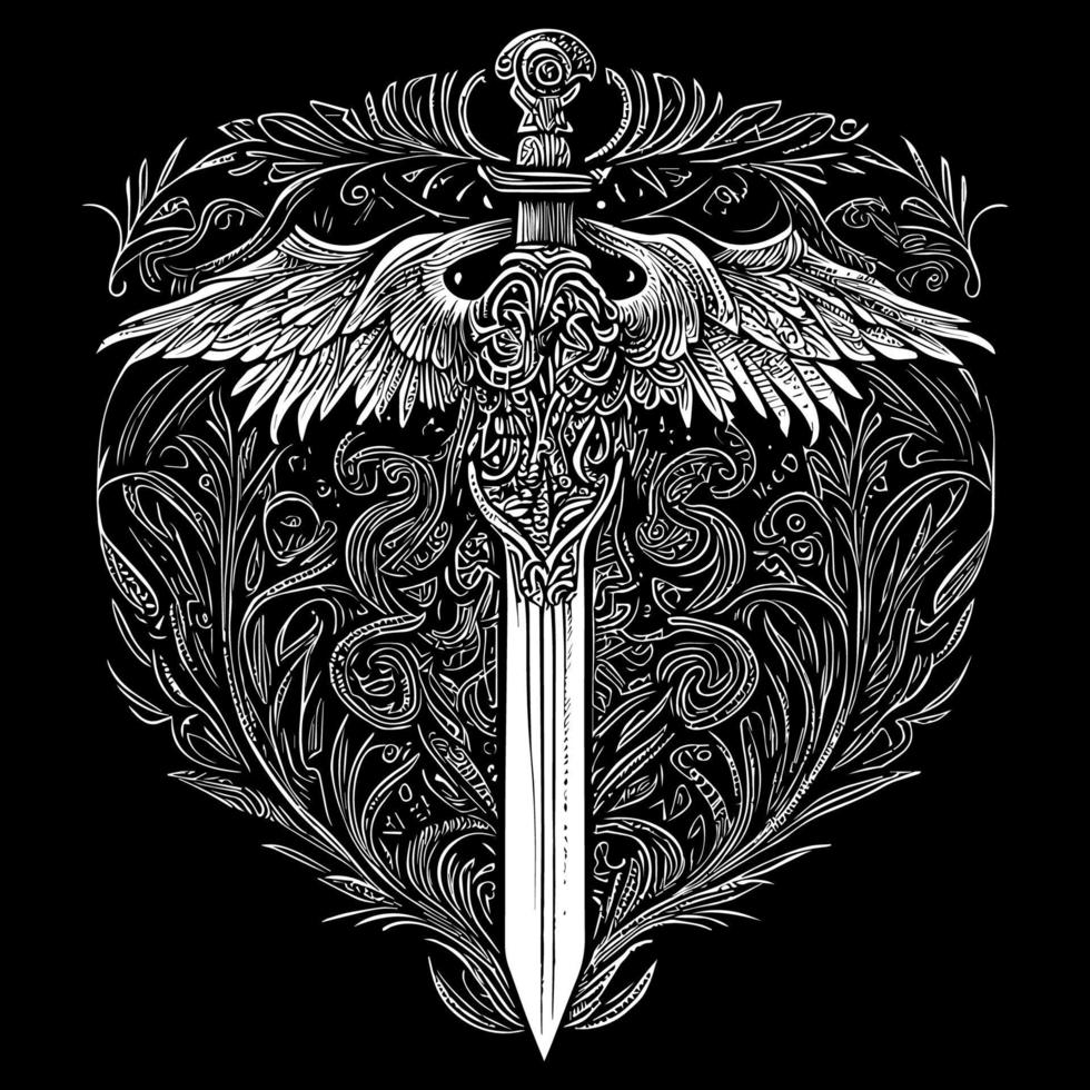 Elegant sword floral ornament line art drawing, featuring intricate details that blend the strength of a sword with the beauty of floral elements vector