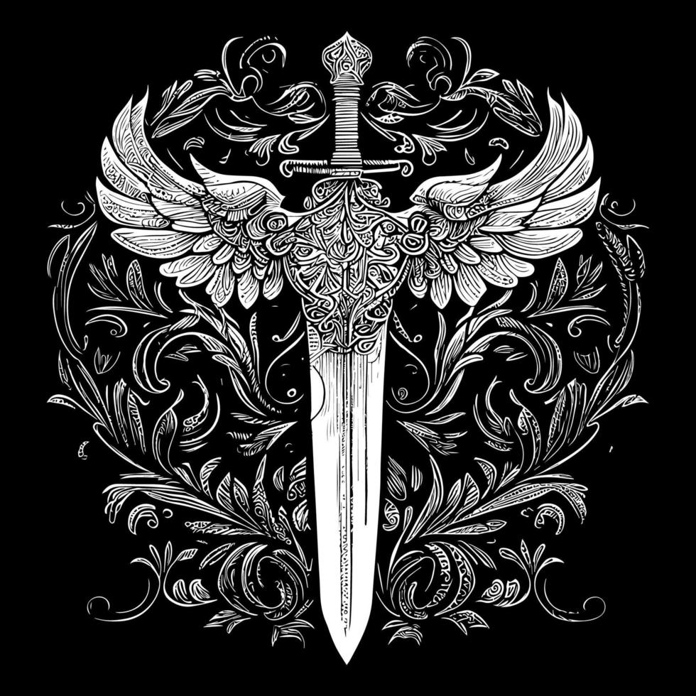 elegante espada floral ornamento línea Arte dibujo, presentando intrincado detalles ese mezcla el fuerza de un espada con el belleza de floral elementos vector