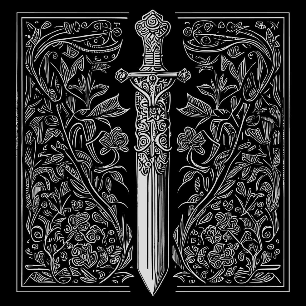 Elegant sword floral ornament line art drawing, featuring intricate details that blend the strength of a sword with the beauty of floral elements vector