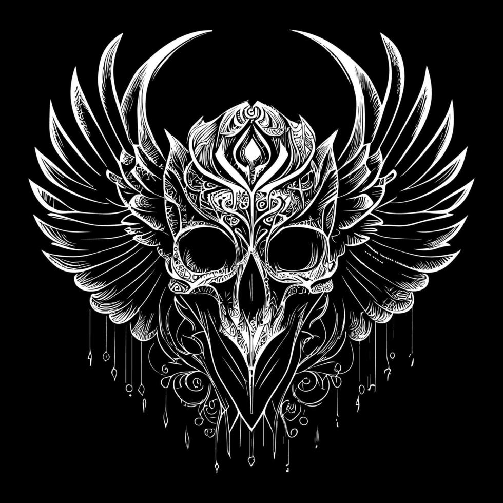 This illustration depicts a skull head with intricately detailed feathers extending into wings. The juxtaposition of death and life creates a hauntingly beautiful image vector