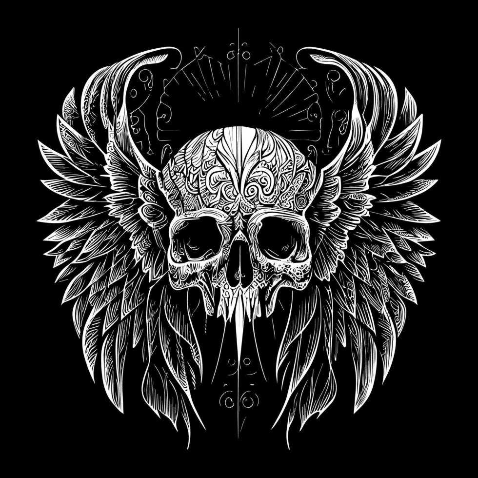 This illustration depicts a skull head with intricately detailed feathers extending into wings. The juxtaposition of death and life creates a hauntingly beautiful image vector