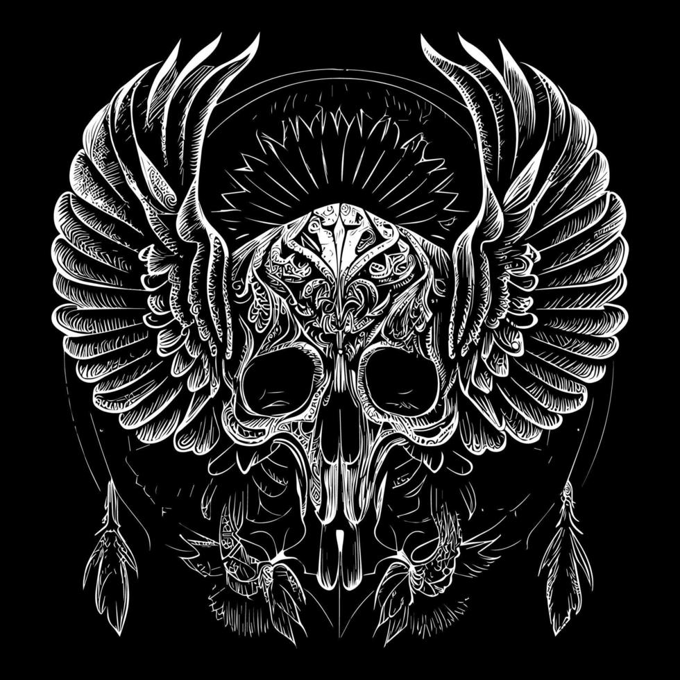 This illustration depicts a skull head with intricately detailed feathers extending into wings. The juxtaposition of death and life creates a hauntingly beautiful image vector