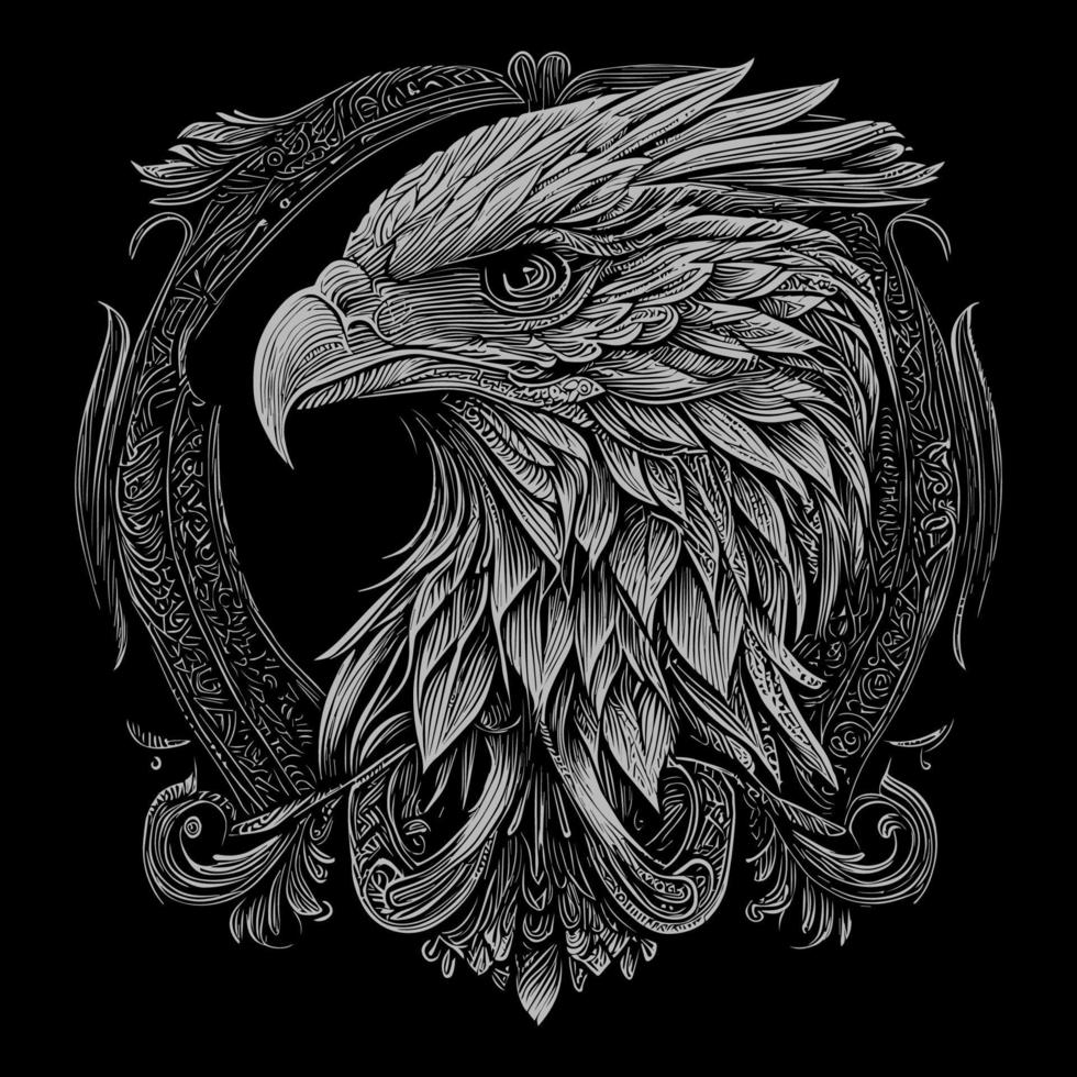 This illustration portrays the fierce and majestic head of an American eagle, with piercing eyes, sharp beak, and detailed feathers. A symbol of power and freedom vector