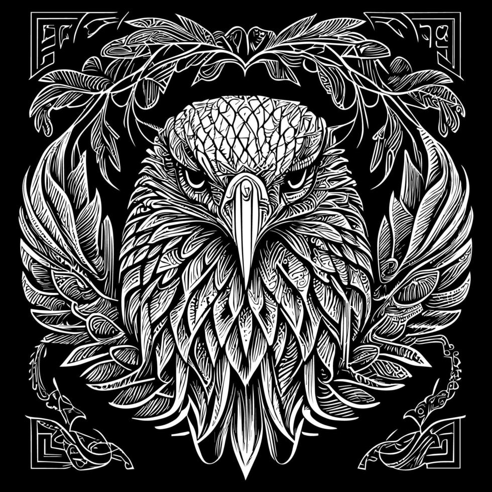 This illustration portrays the fierce and majestic head of an American eagle, with piercing eyes, sharp beak, and detailed feathers. A symbol of power and freedom vector