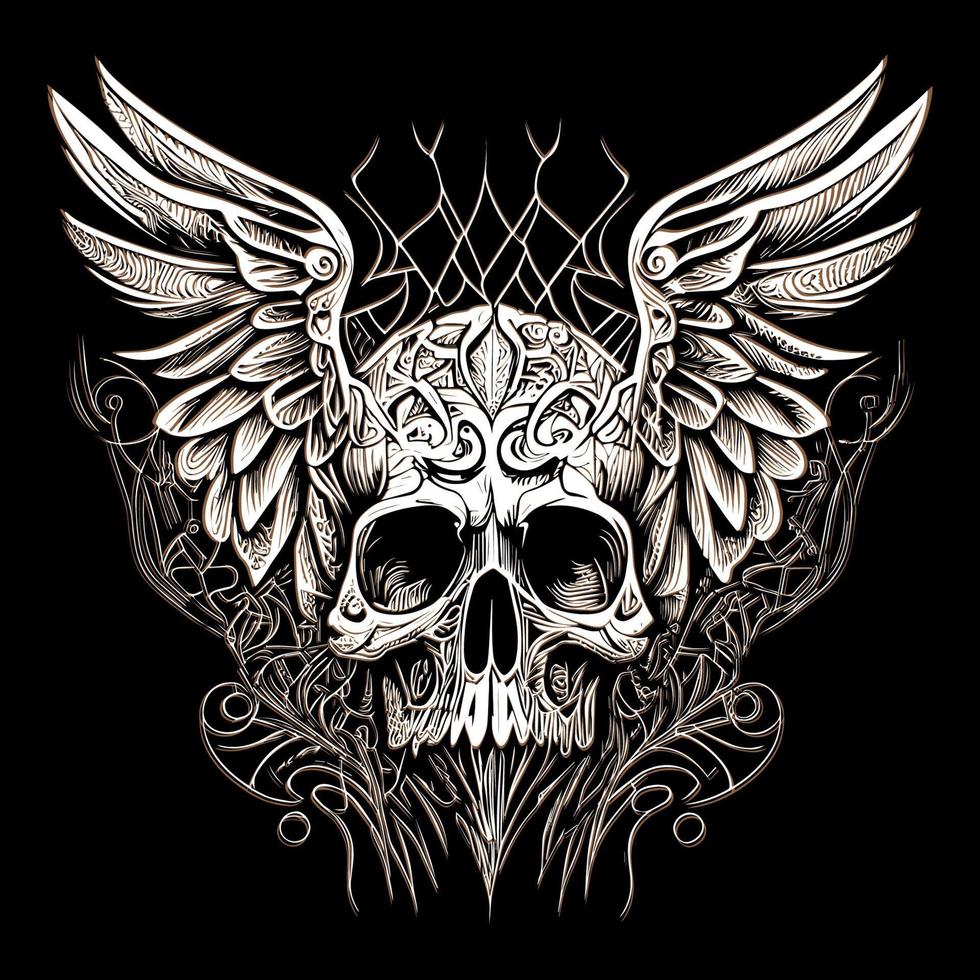 This illustration depicts a skull head with intricately detailed feathers extending into wings. The juxtaposition of death and life creates a hauntingly beautiful image vector