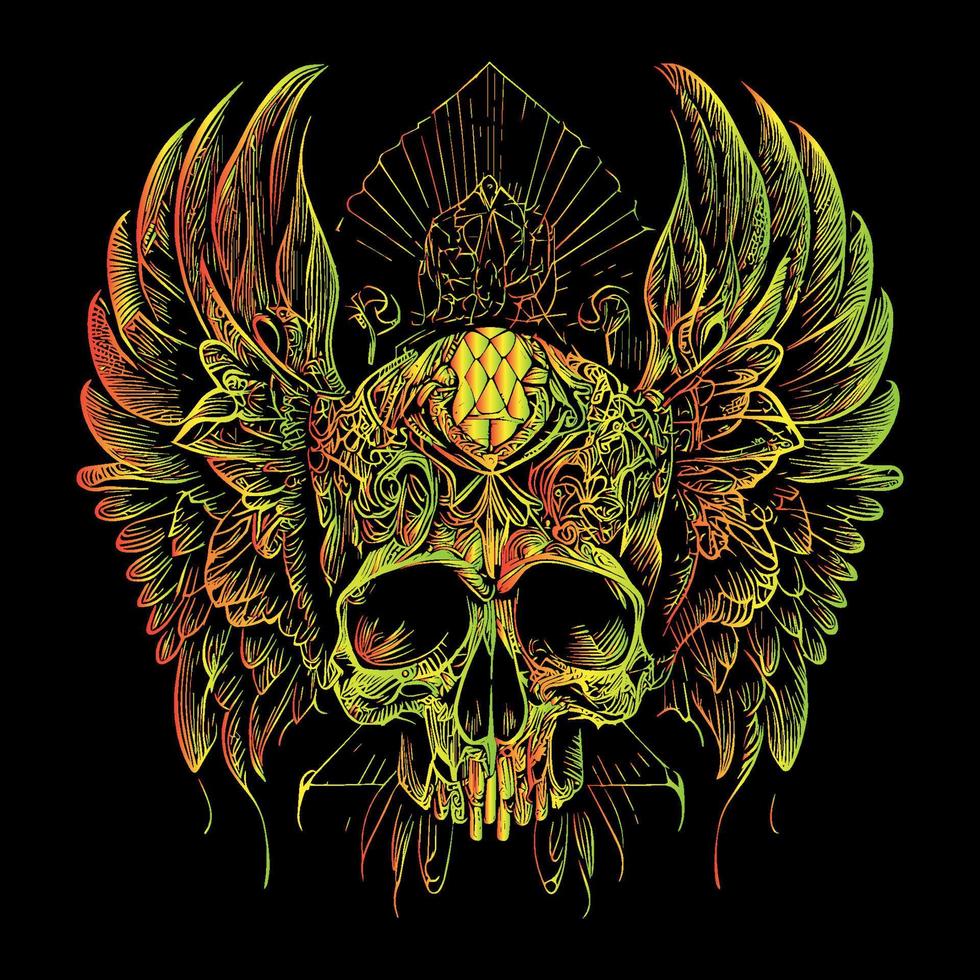 This illustration depicts a skull head with intricately detailed feathers extending into wings. The juxtaposition of death and life creates a hauntingly beautiful image vector