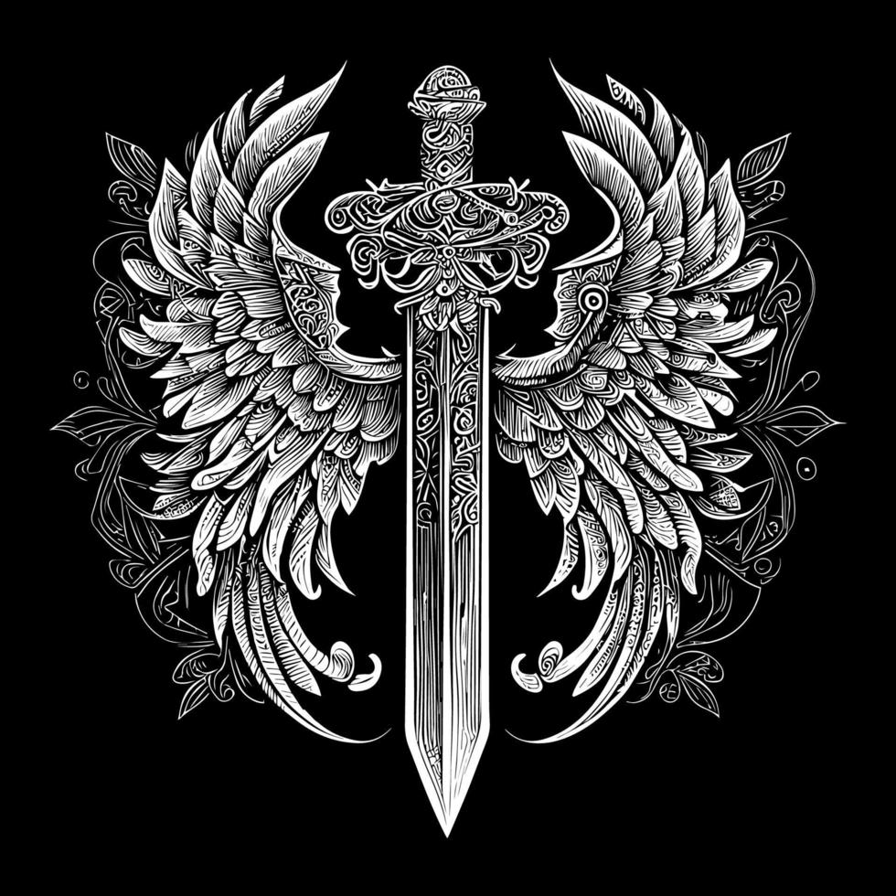 Elegant sword floral ornament line art drawing, featuring intricate details that blend the strength of a sword with the beauty of floral elements vector