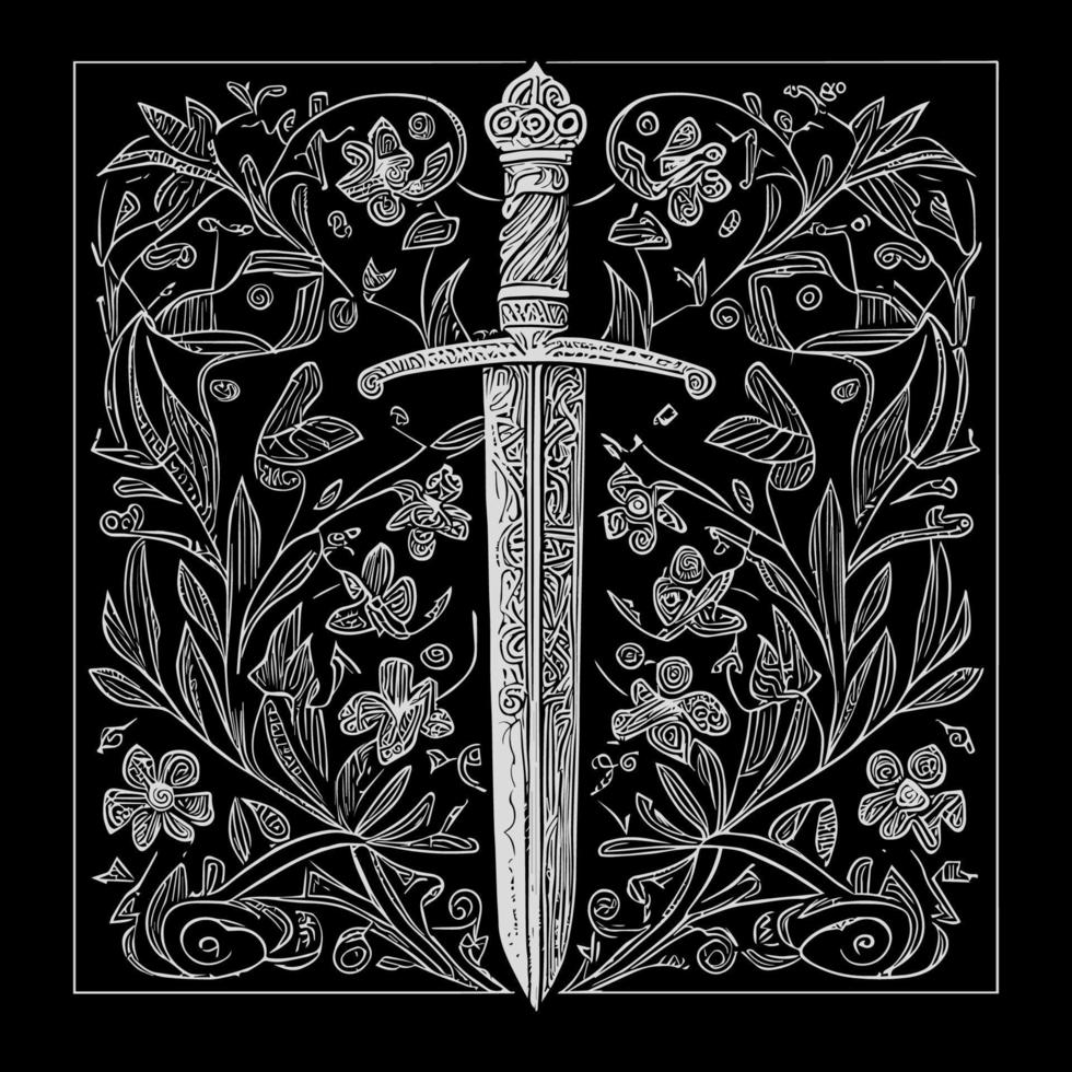 Elegant sword floral ornament line art drawing, featuring intricate details that blend the strength of a sword with the beauty of floral elements vector