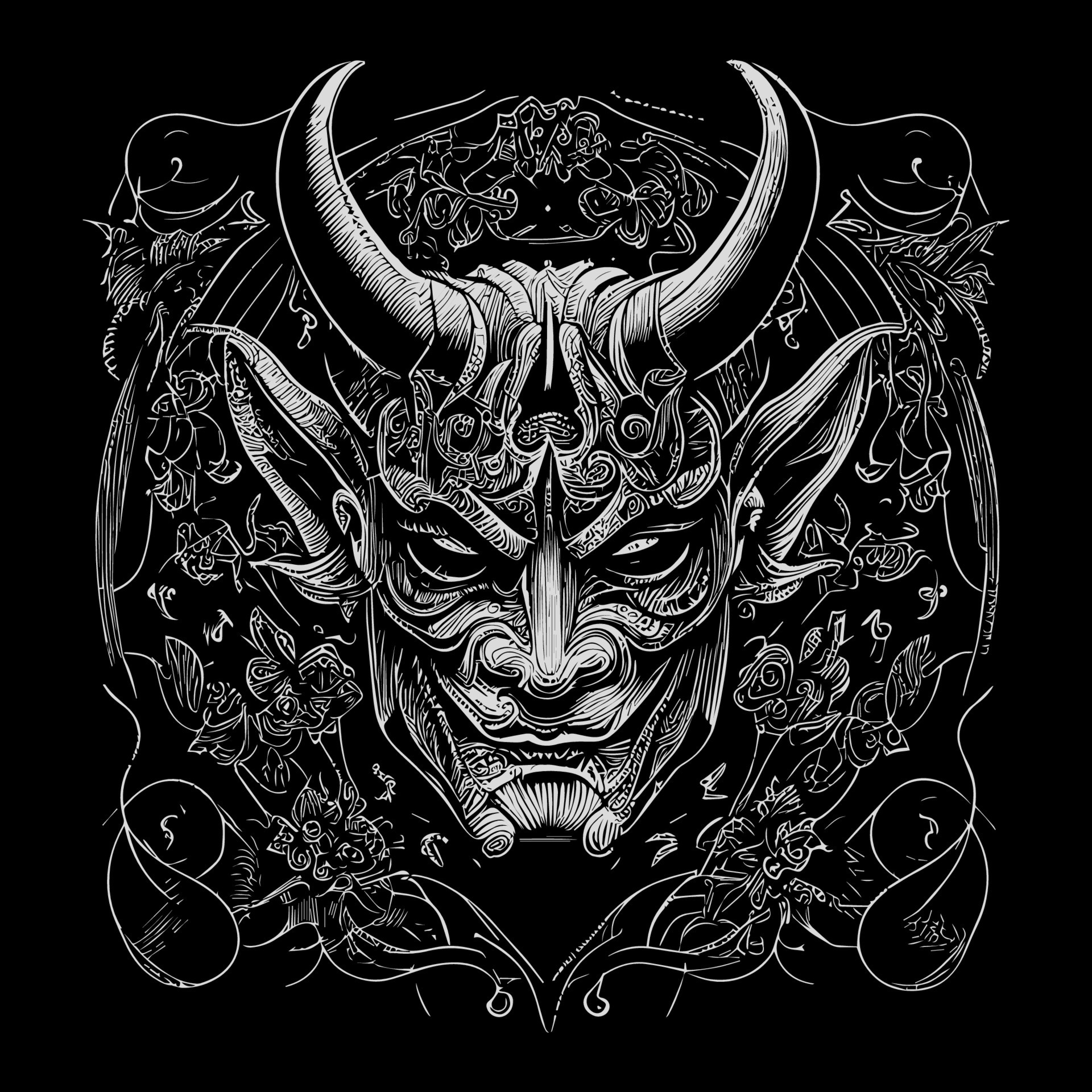 This Japan Hannya mask line art drawing depicts the haunting and